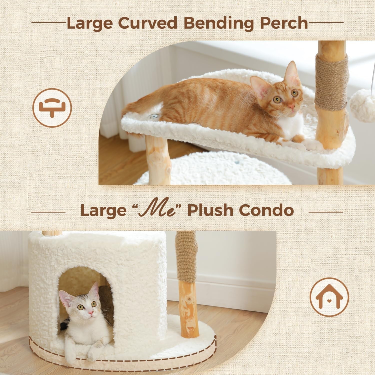 Modern Cat Tree 97cm Solid Wood Tower Rattan Basket Condo Indoor Cats