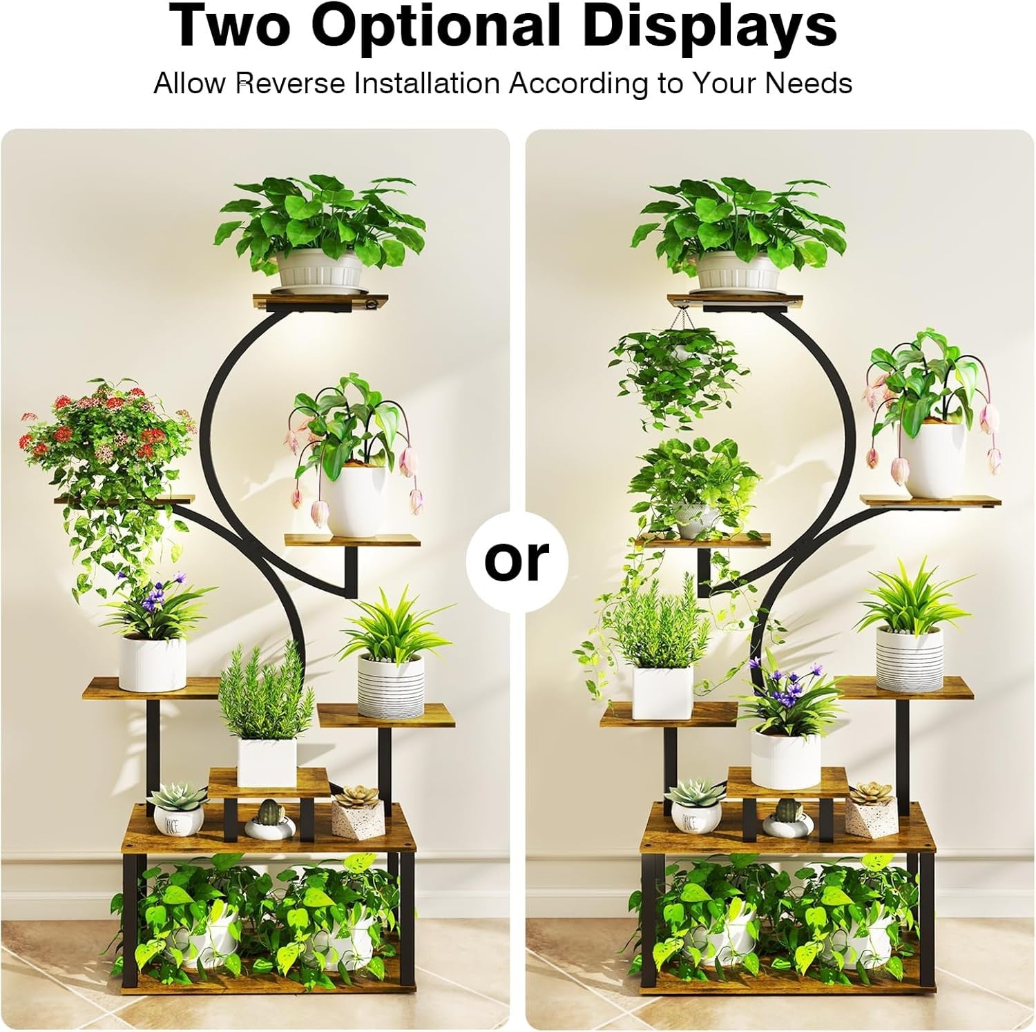 8-Tier S-Shaped Metal Plant Stand with LED Grow Lights | 158cm Tall Indoor Shelf