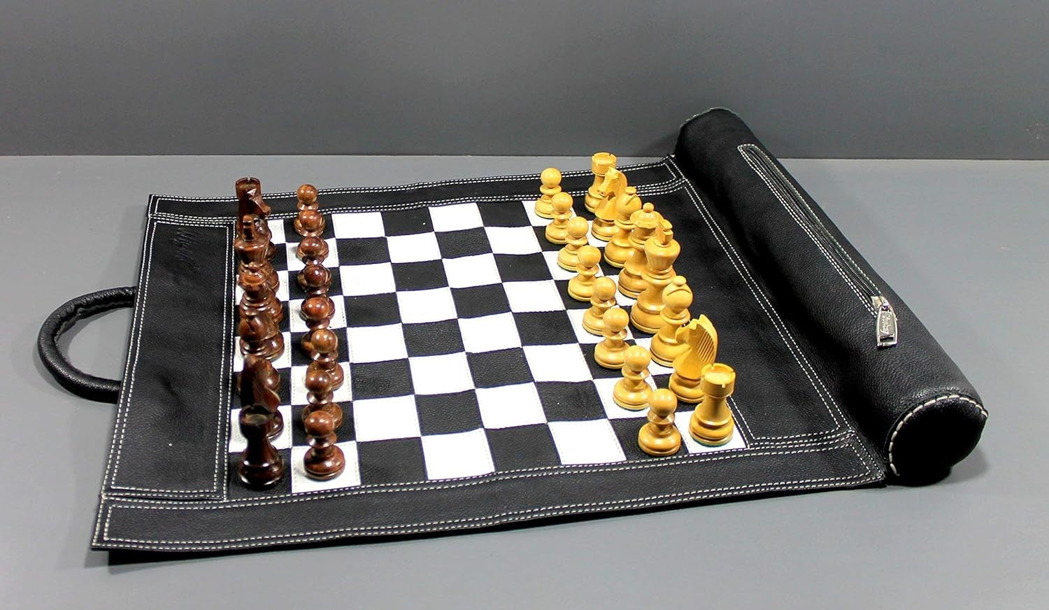 Luxury Roll-Up Leather Chess Set 19"×15" Portable Board With Wooden Pieces