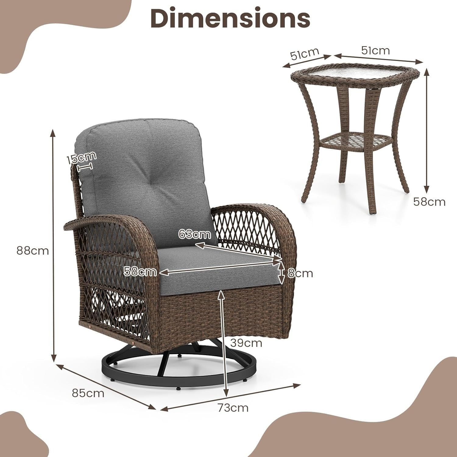 Luxury Swivel Rattan Bistro Set 360° Chairs Side Table Garden Patio