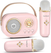 Mini Karaoke Machine Portable Bluetooth 2 Wireless Mics Kids Teens Pink