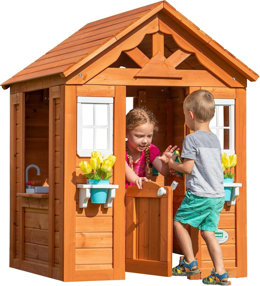 Cedar Kids Playhouse Outdoor Garden Cubby w Toy Kitchen Windows