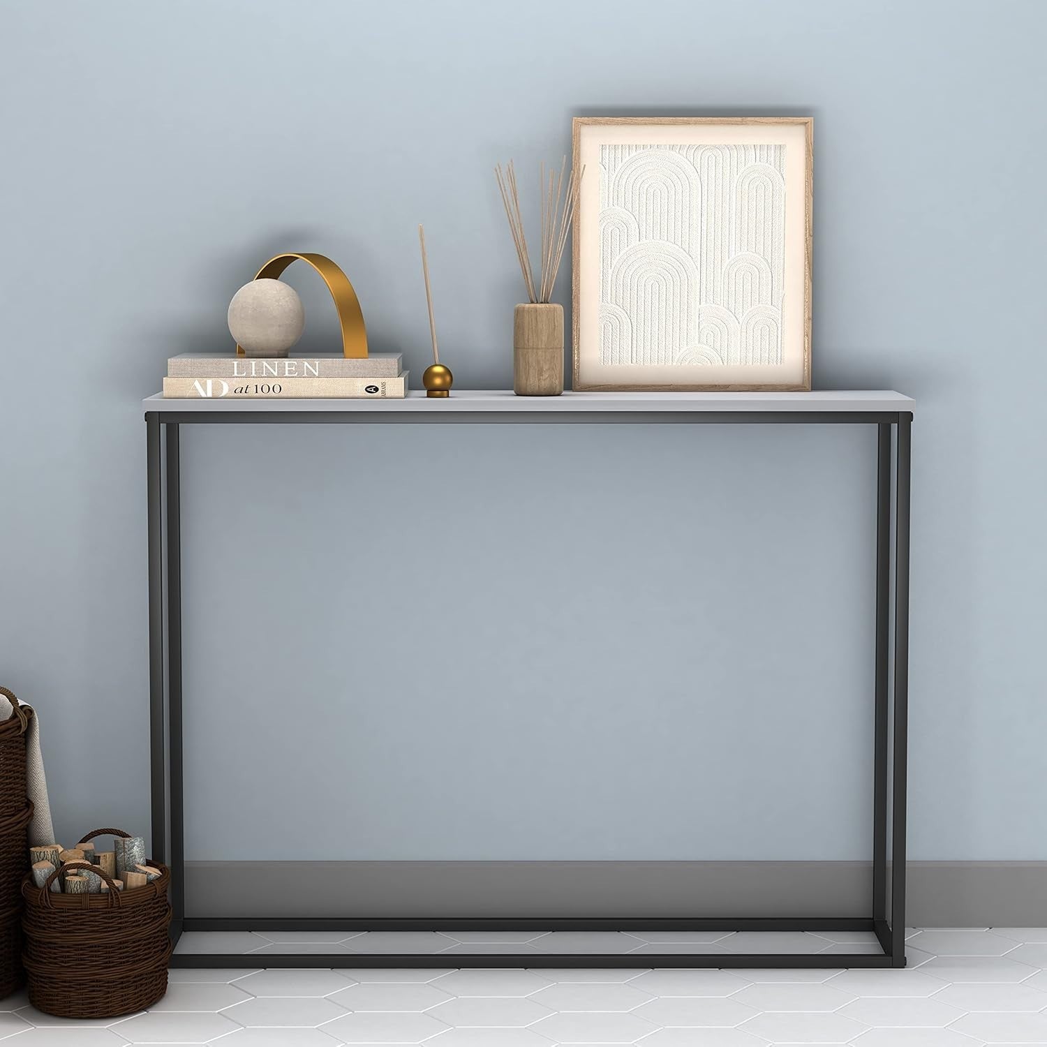Modern Grey Wooden Console Table with Metal Legs - Slim Hallway Table 24x100x75c