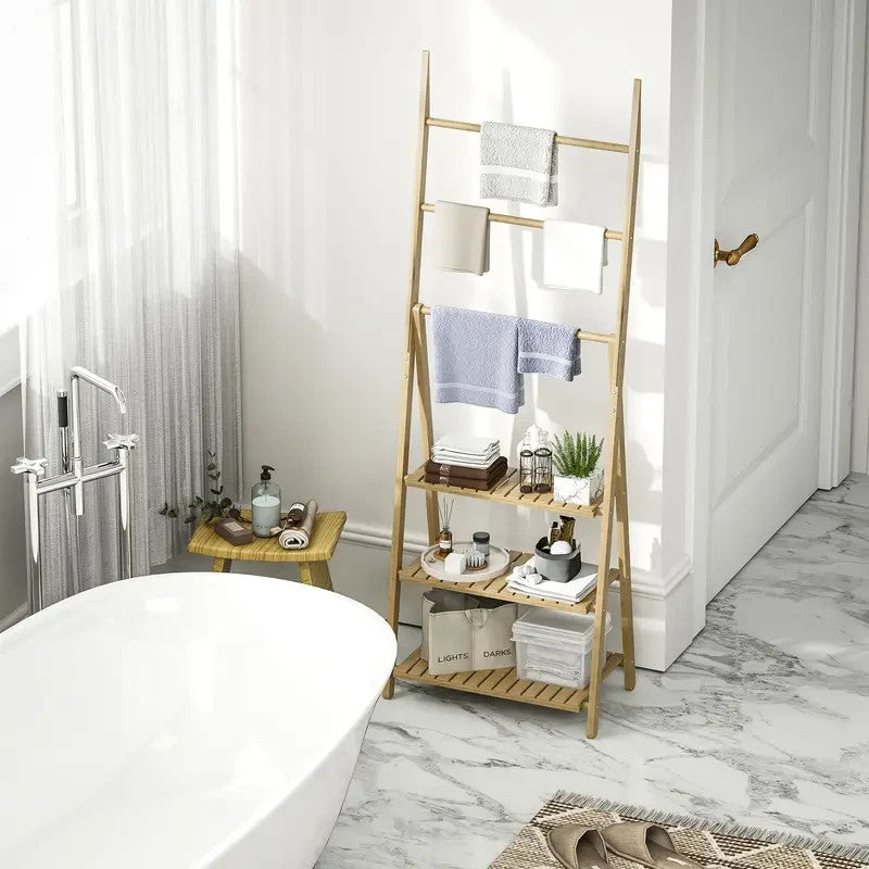Bamboo Bathroom Shelf Rack Ladder Unit Towel Bars Storage Stand 3 Tier