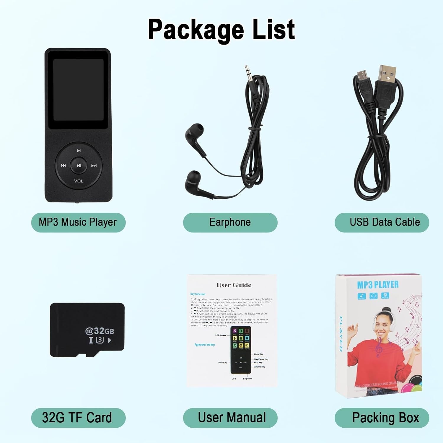 32GB Bluetooth 5.3 MP3 Player Black 1.8" Screen HiFi FM + Earphones
