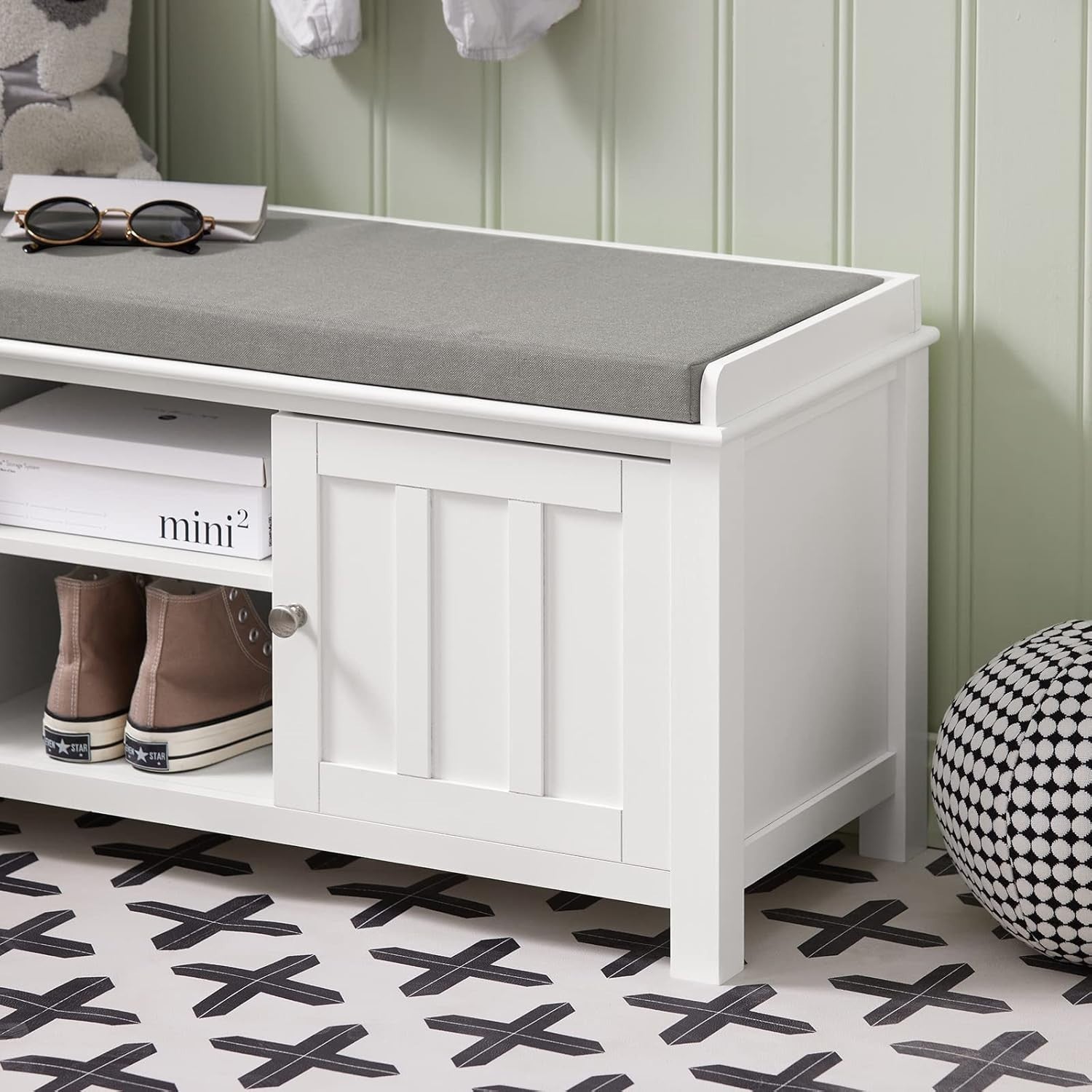 Modern White Storage Bench with Cushion & Shoe Cabinet – 105×35×43 cm
