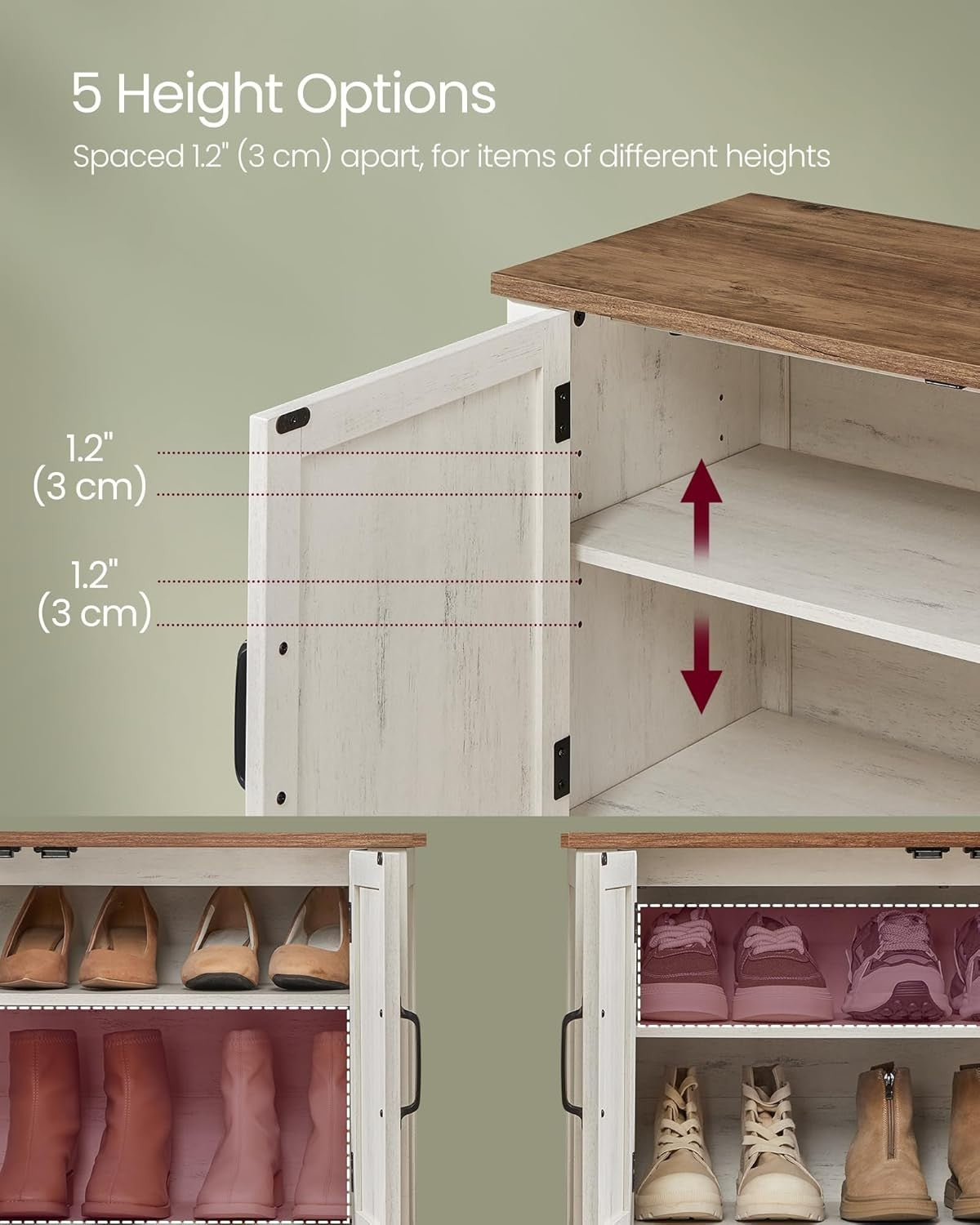 3-Tier Shoe Cabinet Adjustable Shelf Rustic White Shoe Storage Organizer
