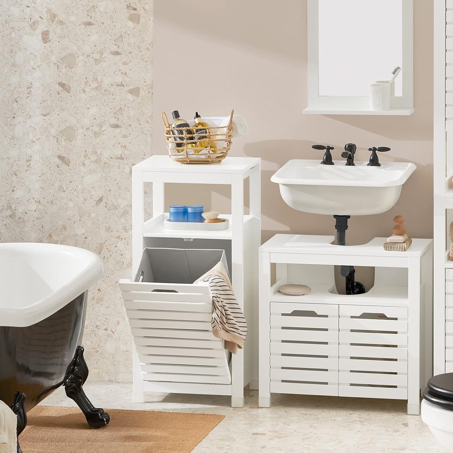 Bathroom Cabinet with Laundry Basket White Compact Storage Unit Shelf