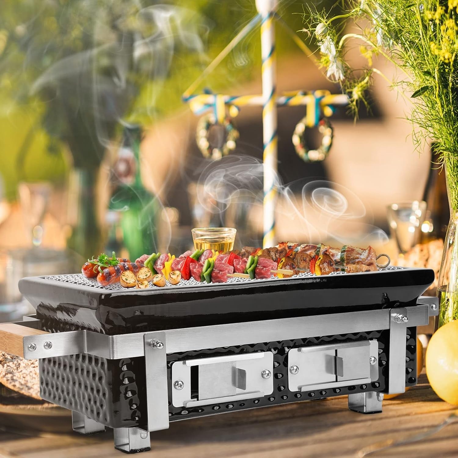 Portable Ceramic Charcoal BBQ Grill Tabletop Stainless Steel Grate