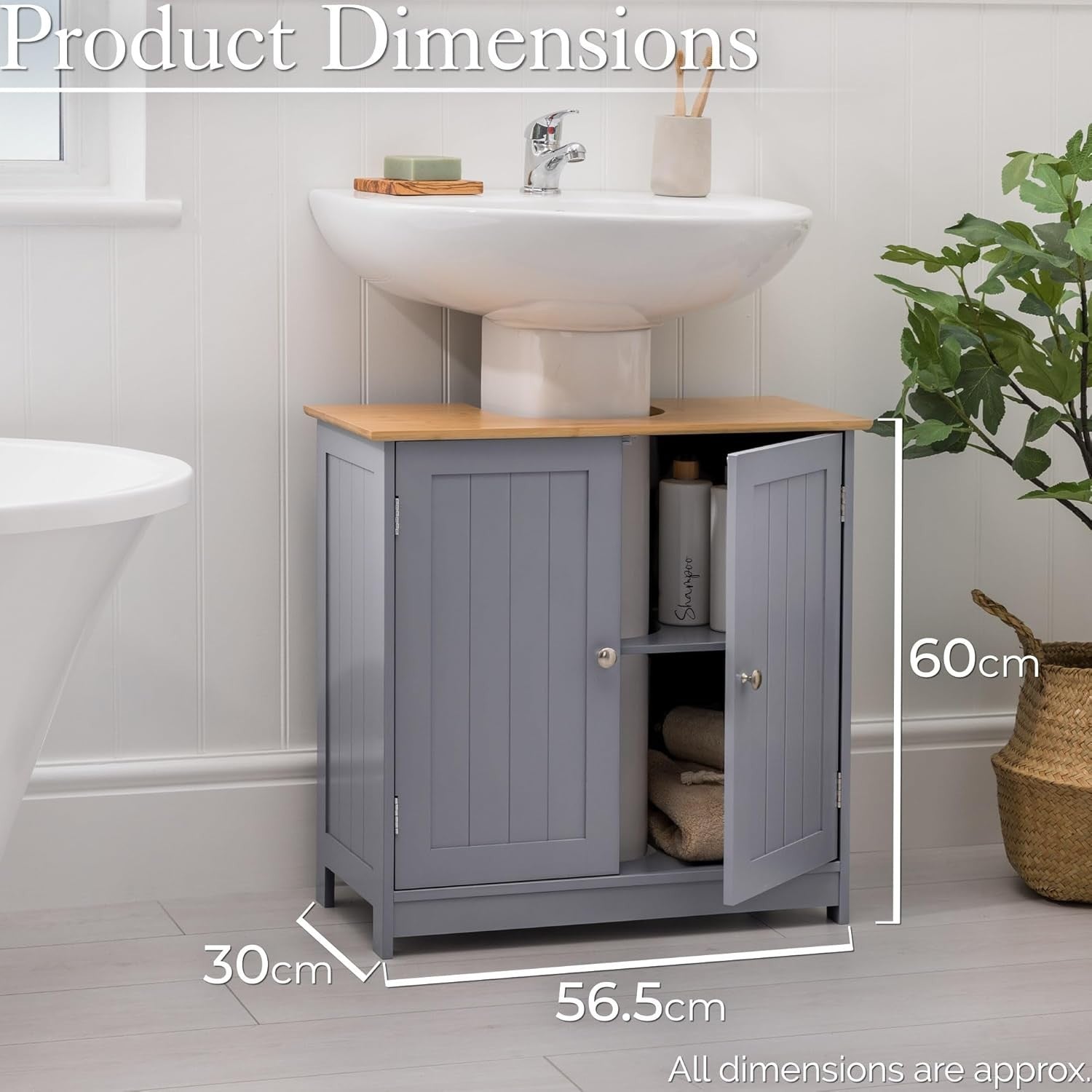 Grey Under Sink Bathroom Cabinet – 2 Door Storage Cupboard 60x30x60cm