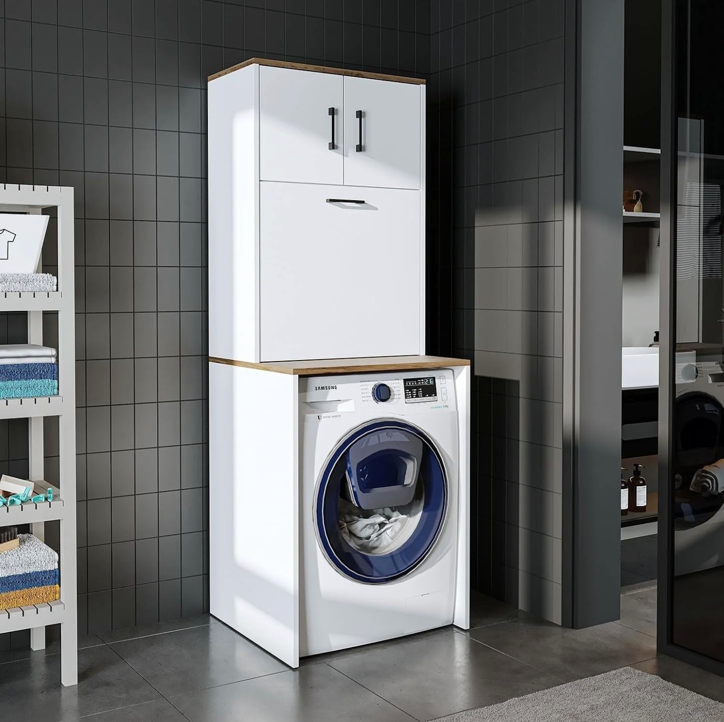 White Oak Washing Machine Cabinet with Laundry Basket & Storage Cupboards 180cm