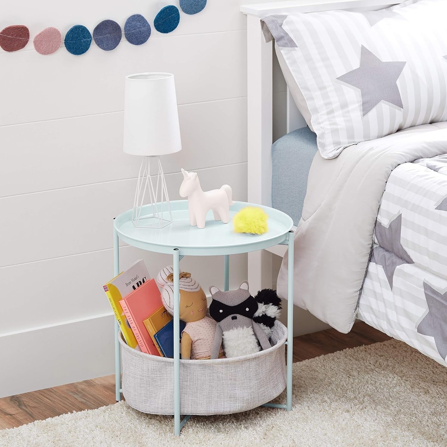 Round Storage End Table Green with Fabric Bin 45x45x48cm Modern