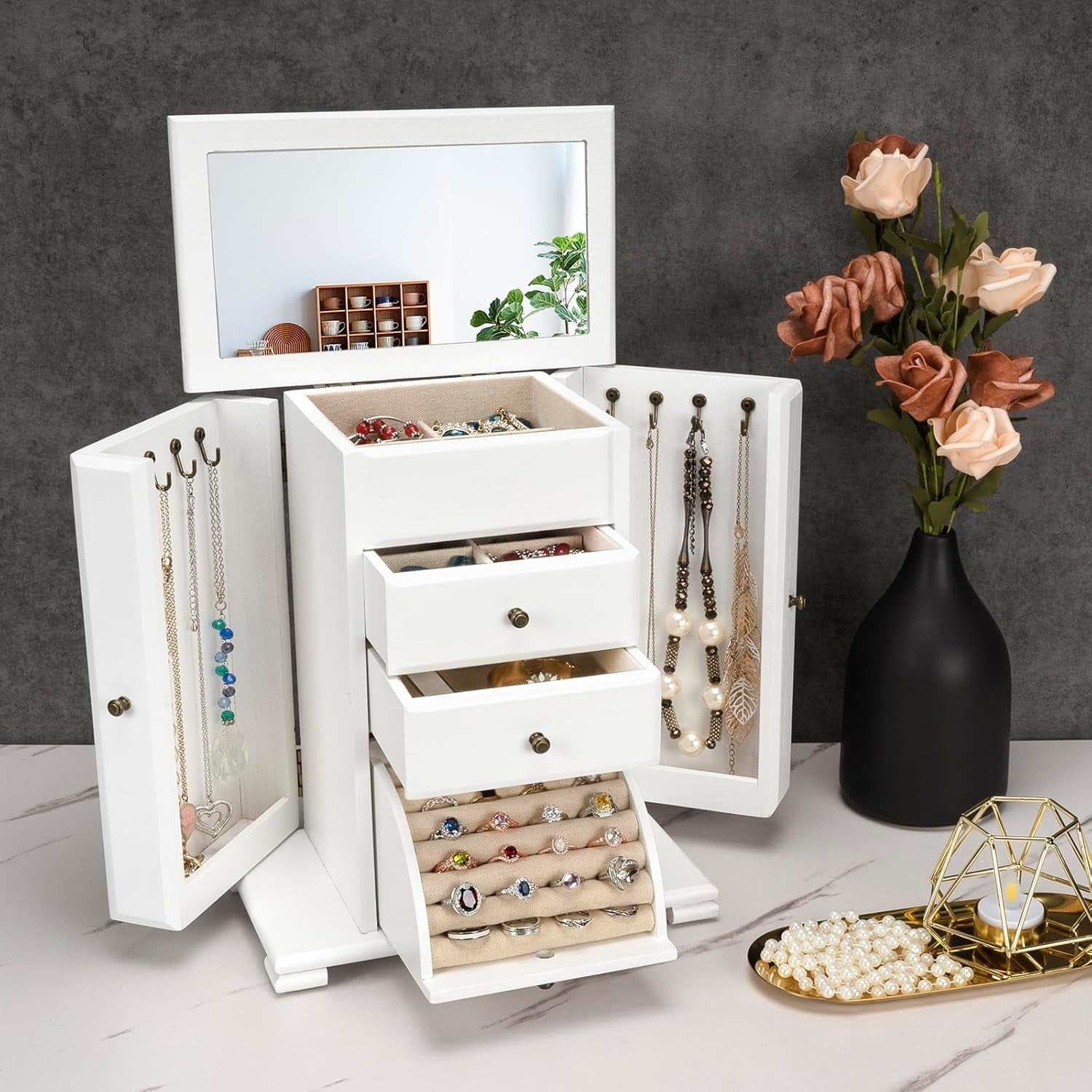 White Wooden Jewellery Box Large Organizer with Mirror 4 Layer Vintage