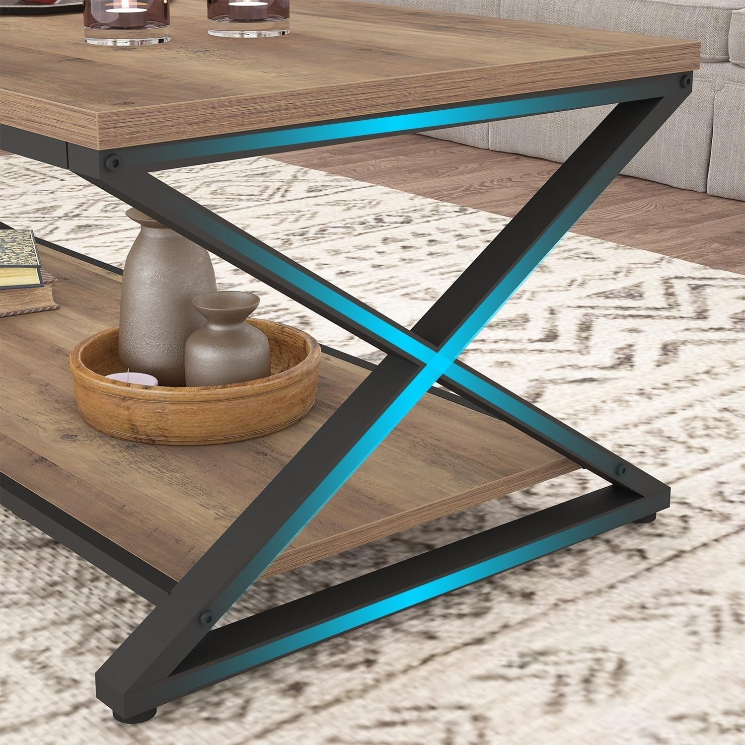 Rustic Industrial Coffee Table 47" with Storage Shelf, Metal Frame, Durable