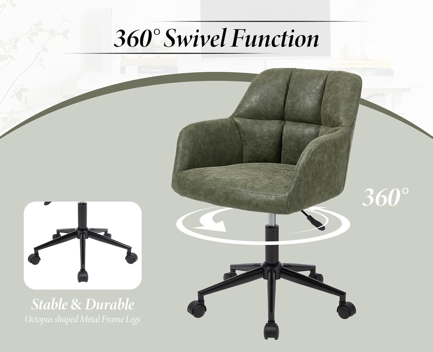 Faux Leather Office Chair Adjustable Swivel Desk Seat Green Tufted Back Modern
