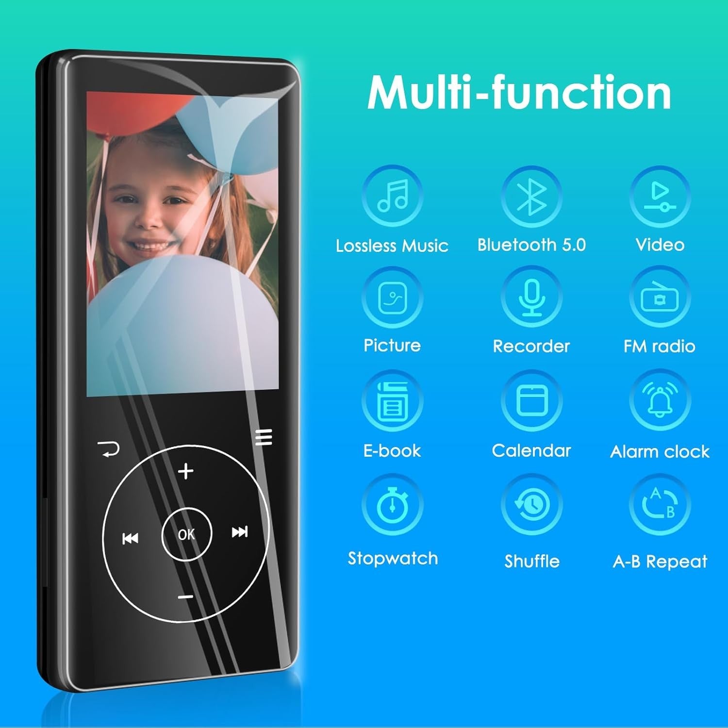 Bluetooth 5 Portable MP3 Player 64GB Music FM Radio Voice Recorder