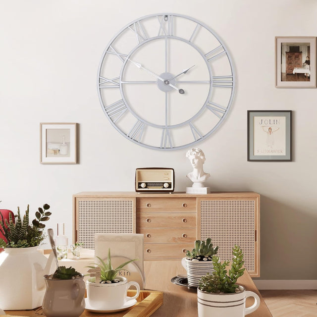 80cm Silver Wall Clock Roman Numerals Silent Metal Vintage Home Decor