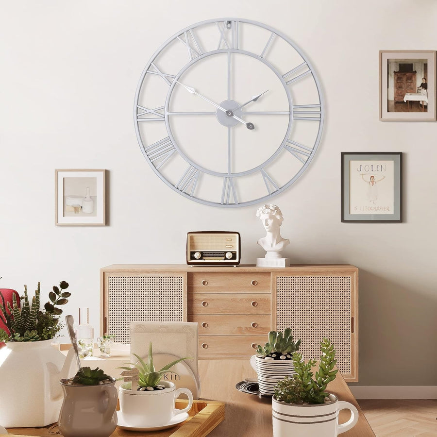 80cm Silver Wall Clock Roman Numerals Silent Metal Vintage Home Decor