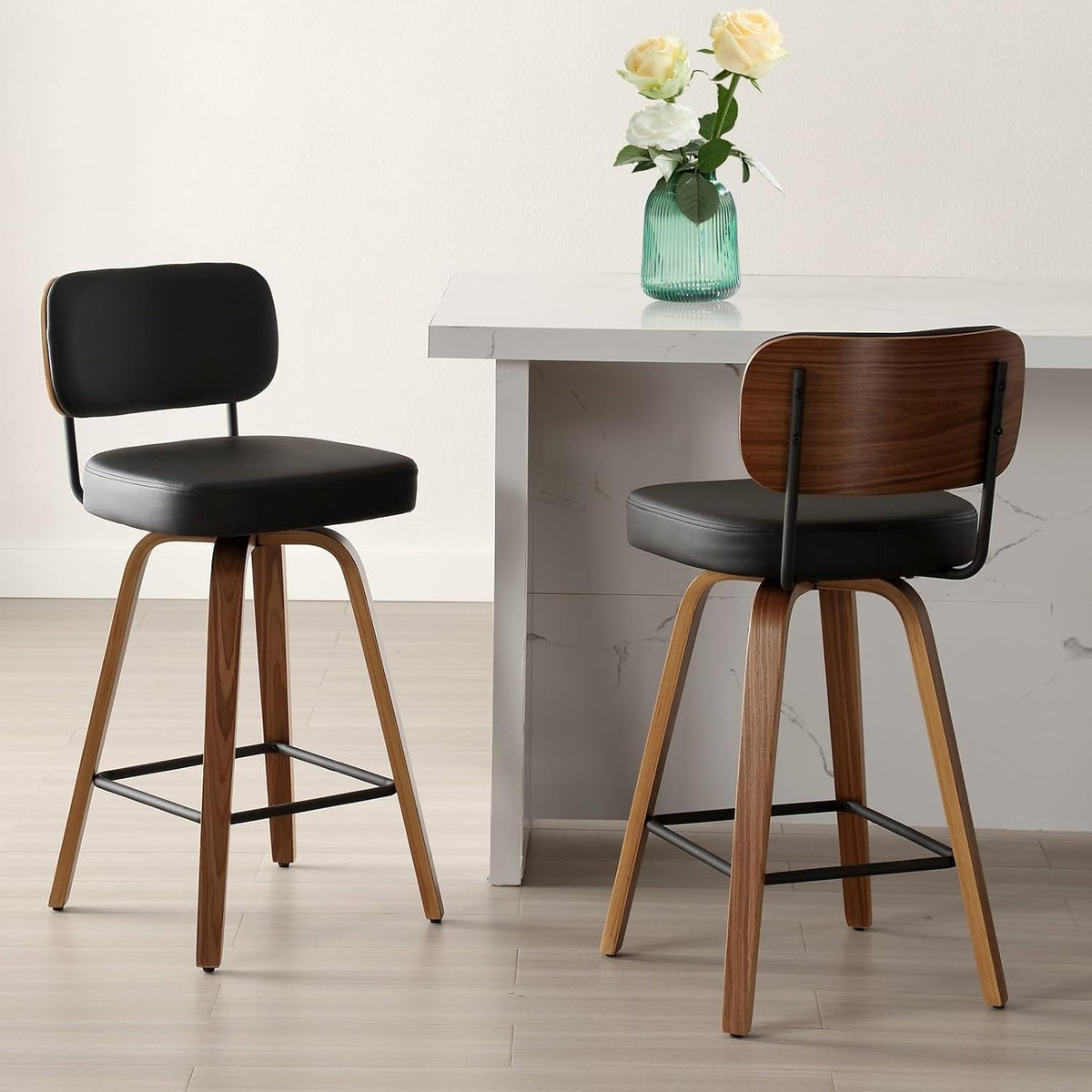 Swivel PU Leather Bar Stools Set of 2 | Wooden Frame Counter Chairs