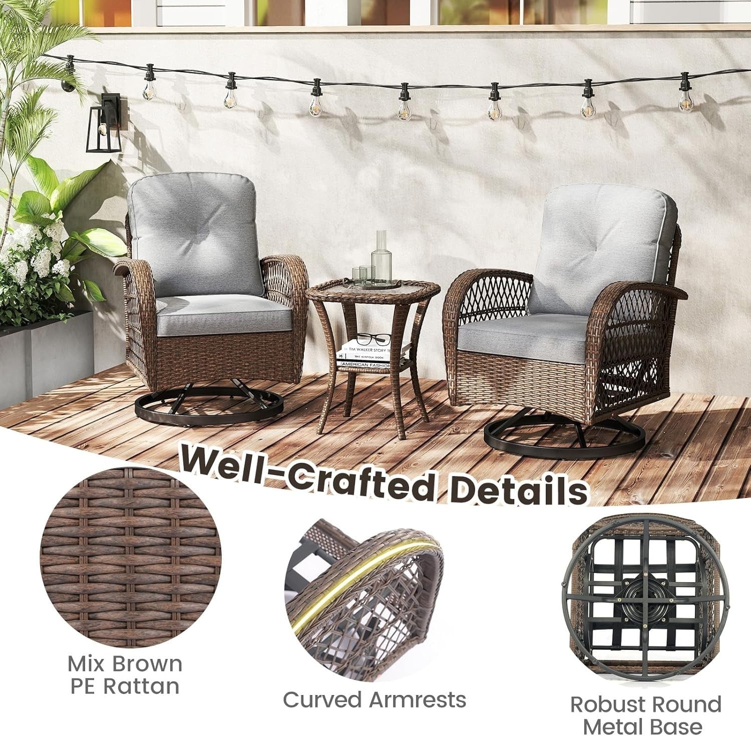 360° Swivel Rattan Patio Chairs Set w/Table Cushions Outdoor Garden