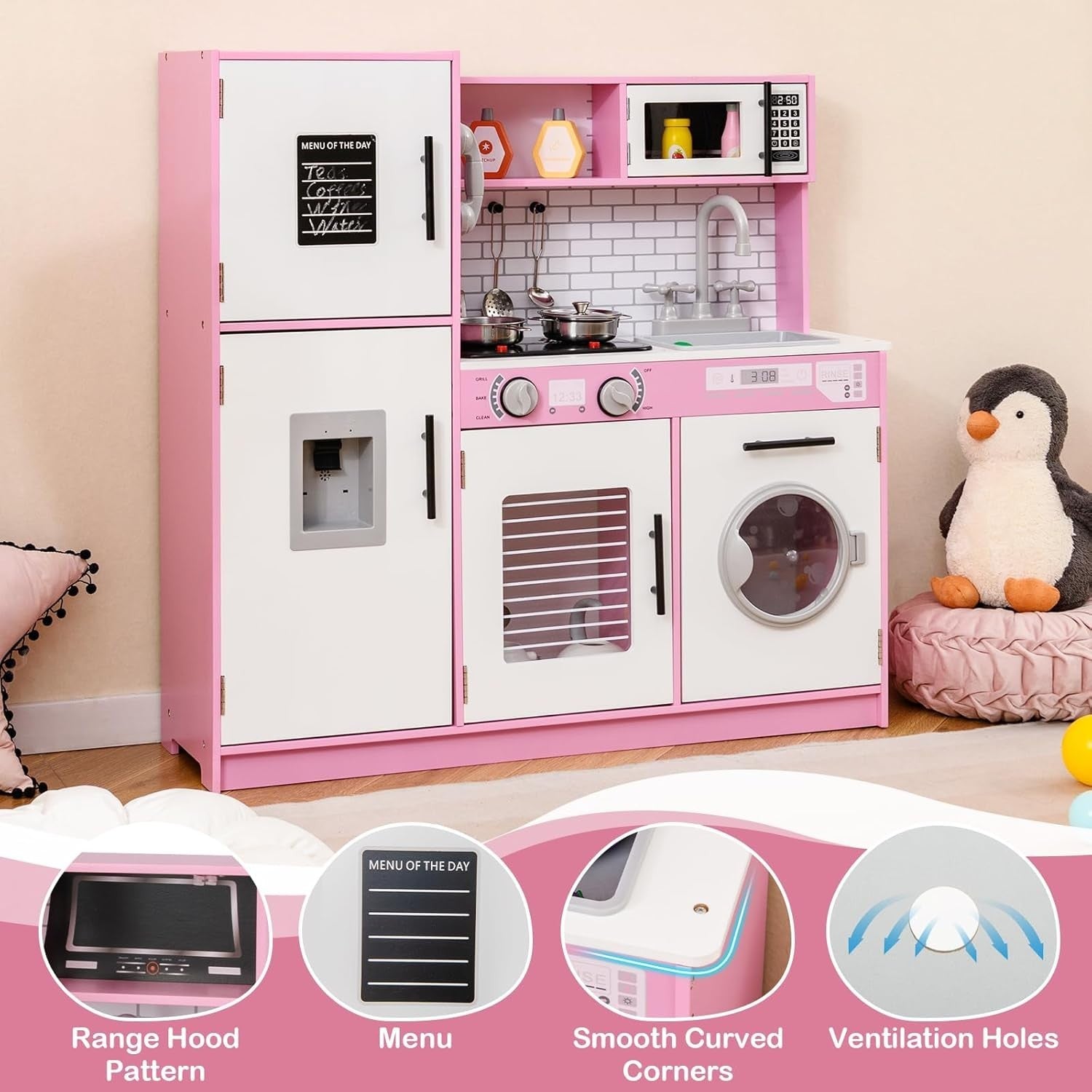 Kids Wooden Play Kitchen Set w/ Lights Sounds Oven Microwave Pink