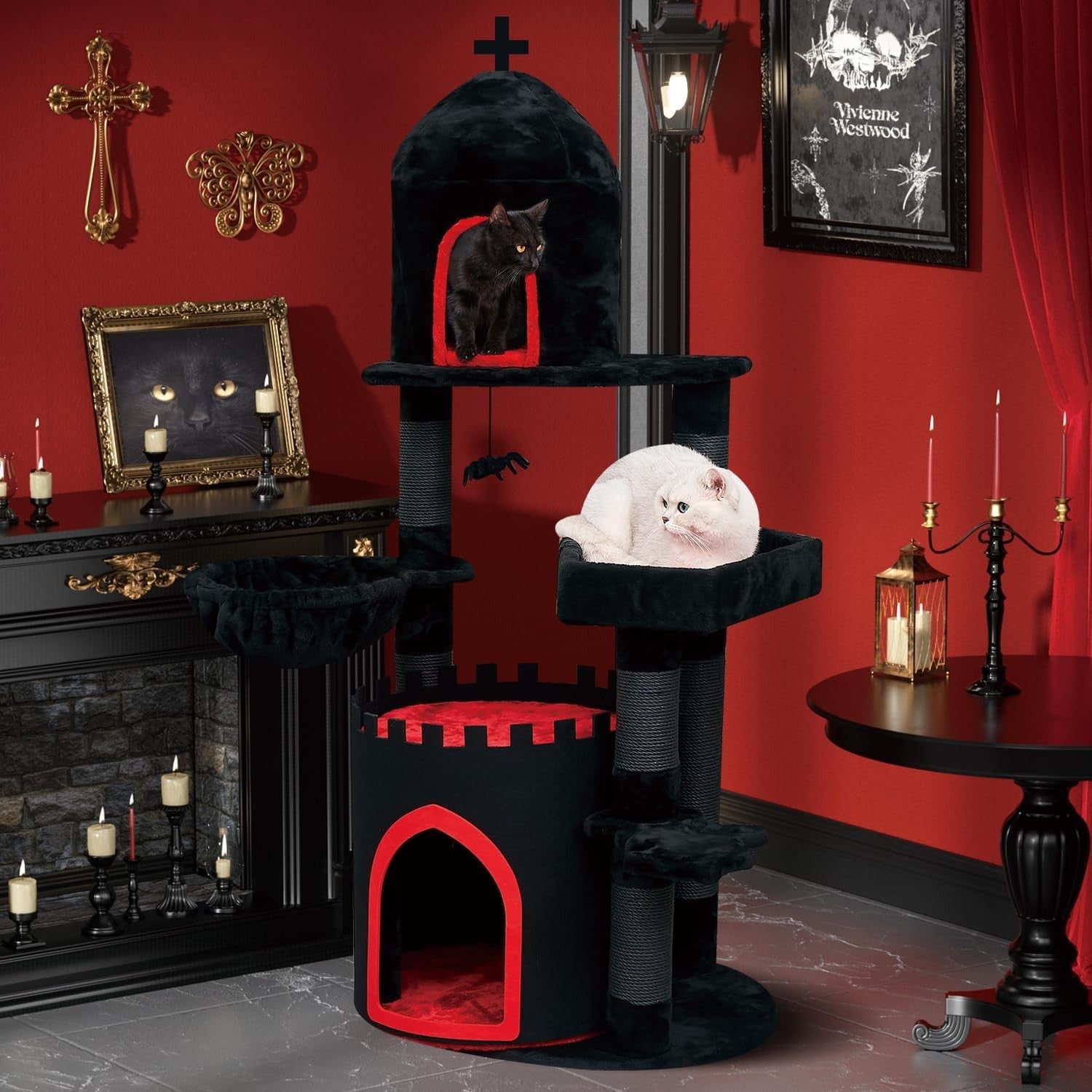Gothic Cat Tree Castle 56in Black Cat Tower Condo Coffin Bed Scratching
