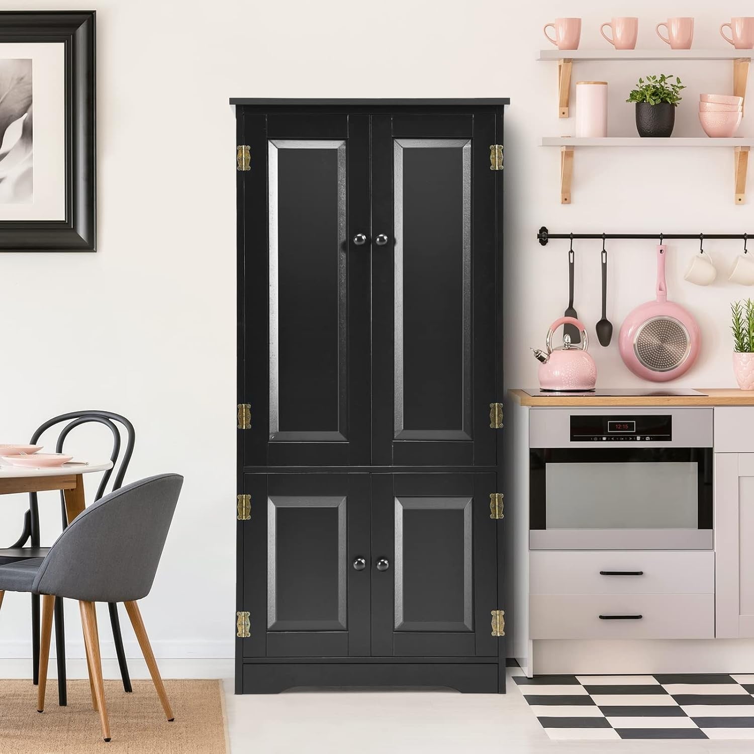 Black Wood Storage Cabinet 4 Door Cupboard | Adjustable Shelves Freestanding Uni