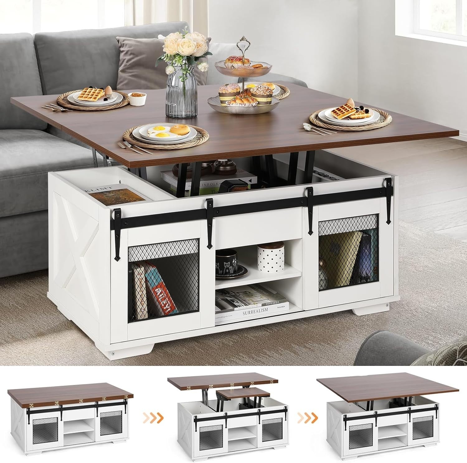 Lift Top Convertible Coffee Table 4-in-1 with Storage & Dining Table Function