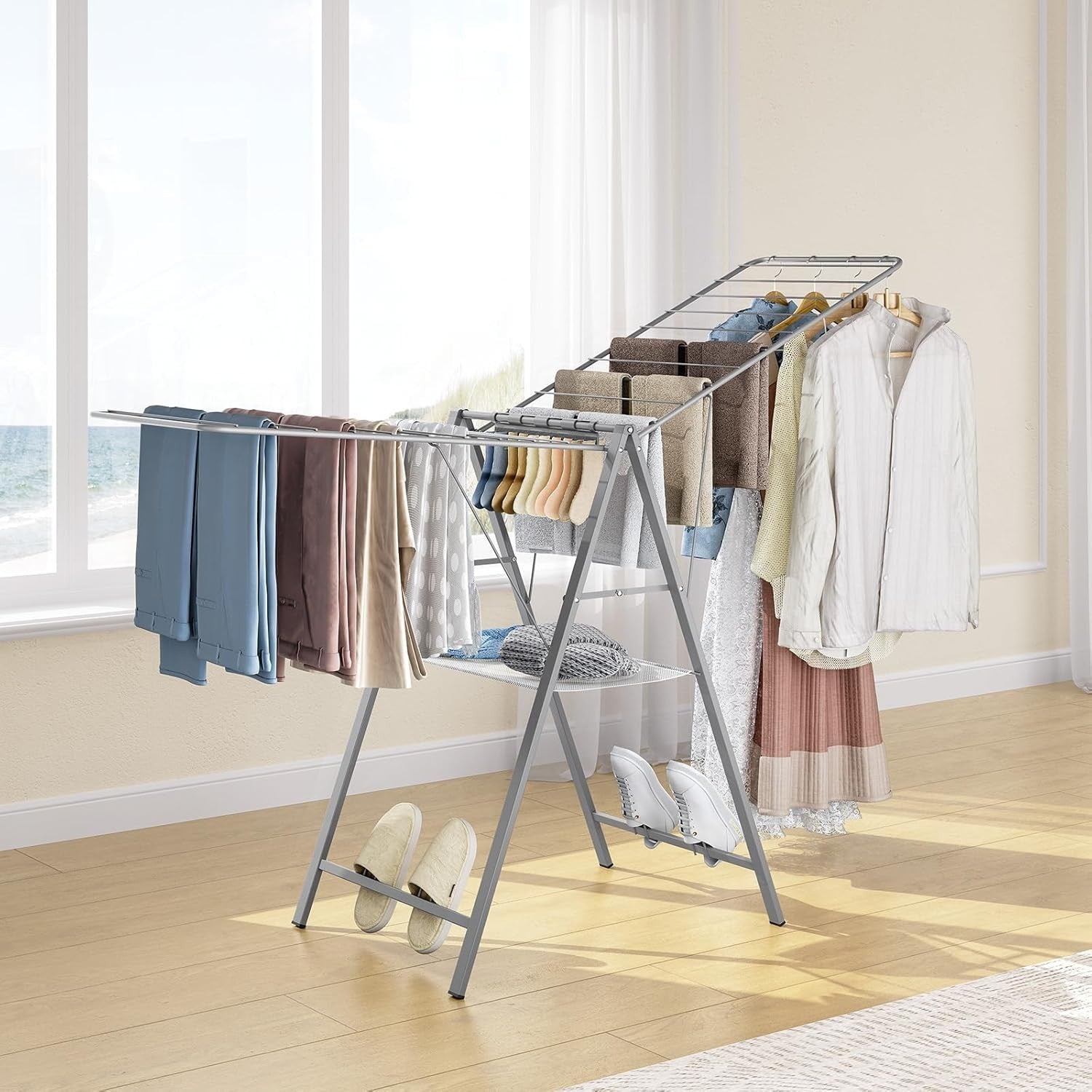 Foldable Clothes Drying Rack Height Adjustable Indoor Outdoor Metal Airer