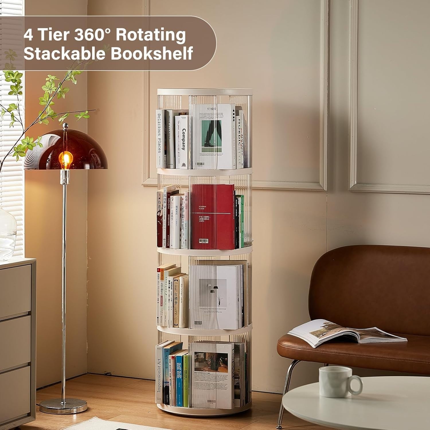 360° Rotating  Round Plastic Corner Bookshelf 4-Tier Floor Standing Shelf White