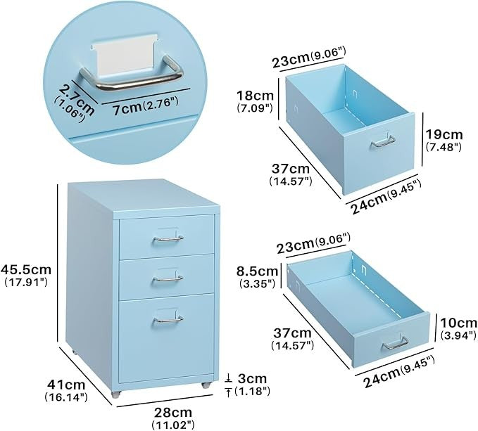 3 Drawer Metal File Cabinet with Wheels, Under Desk Office Storage Unit Rolling