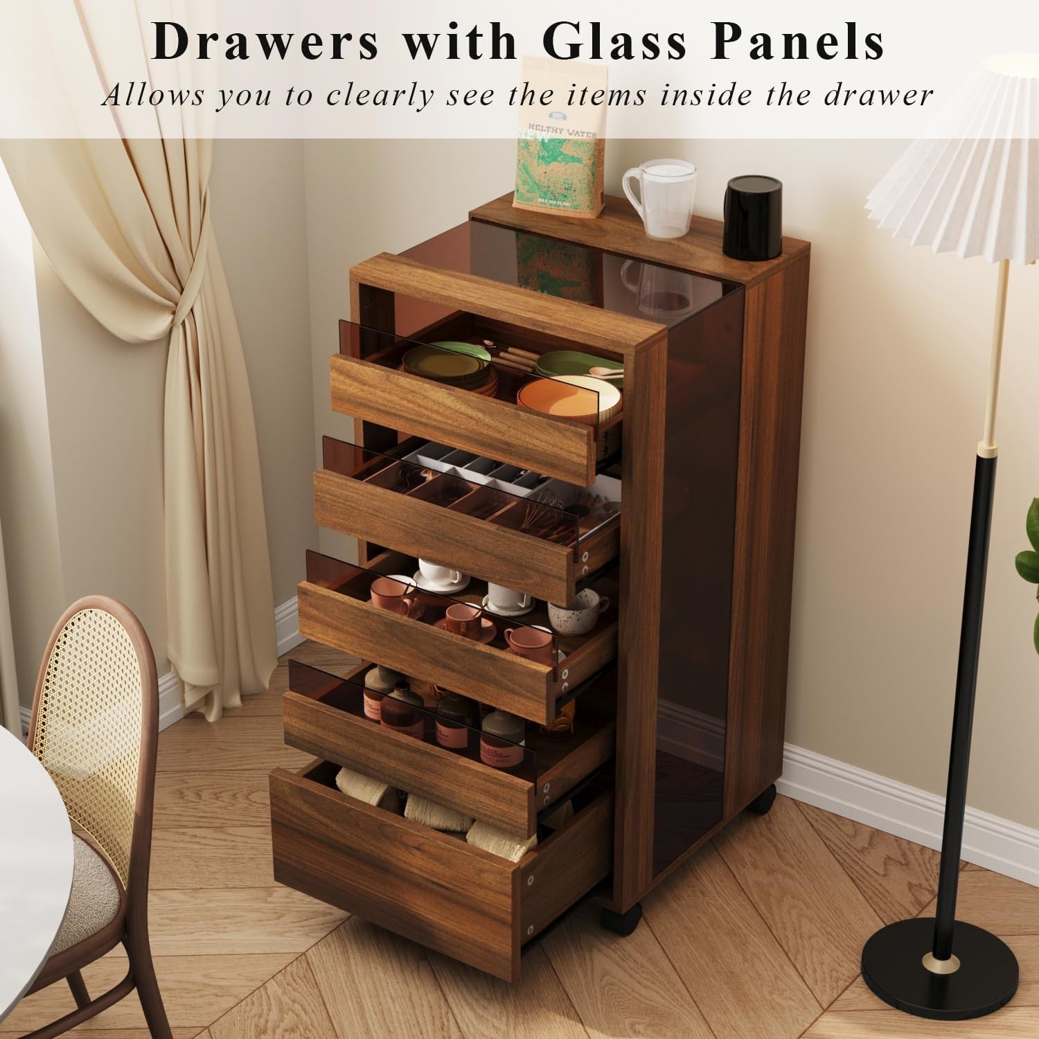 Glass Drinks Trolley on Wheels 5 Drawer Bar Cart Storage Cabinet Walnut