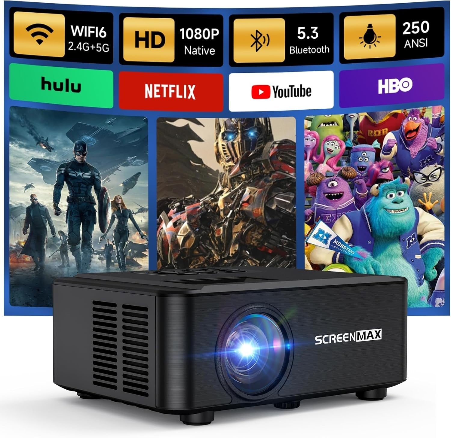1080P Bluetooth Projector 12000 Lumens Portable 50% Zoom HDMI