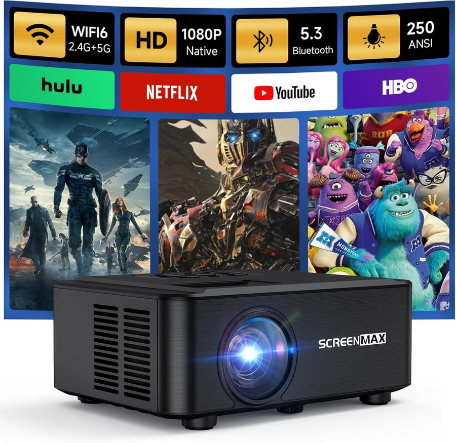 1080P Bluetooth Projector 12000 Lumens Portable 50% Zoom HDMI