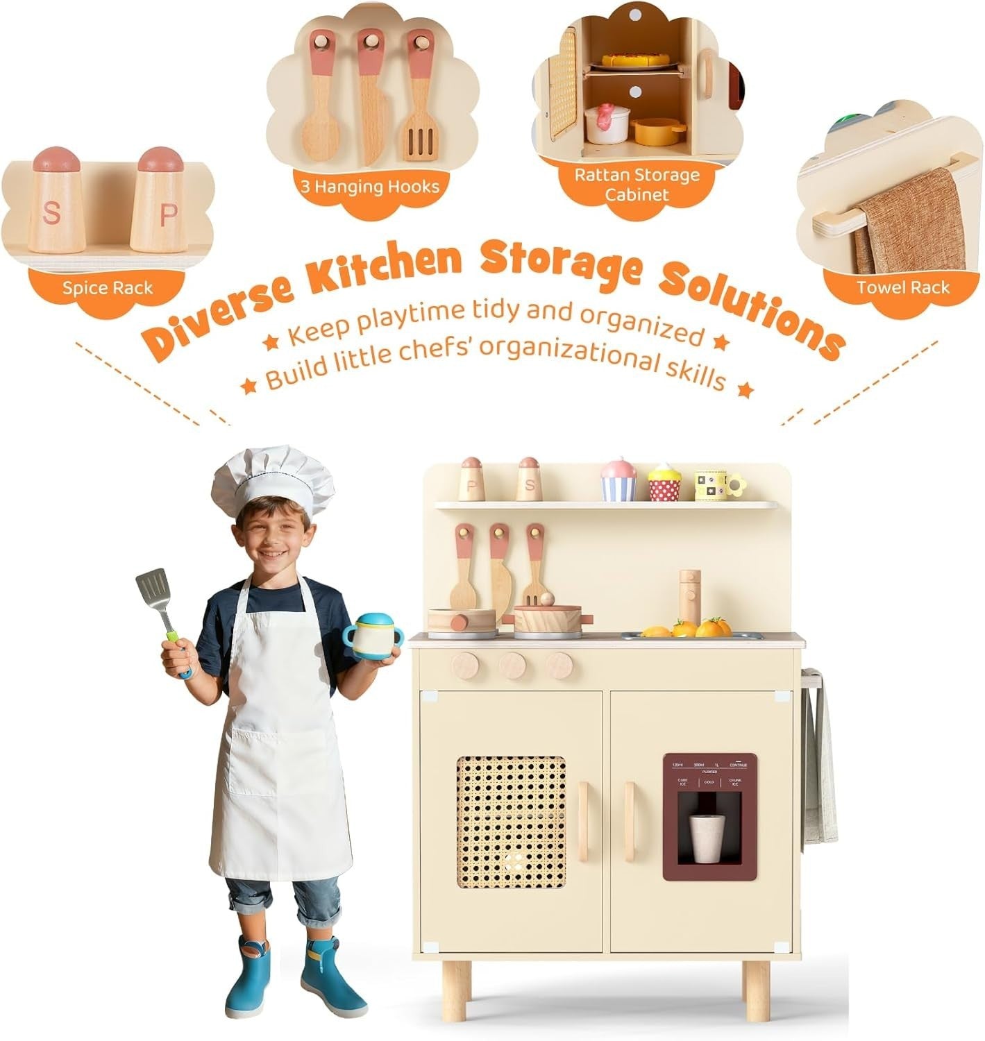 Wooden Kids Play Kitchen Yellow w/ Ice Maker Sink Accessories Set