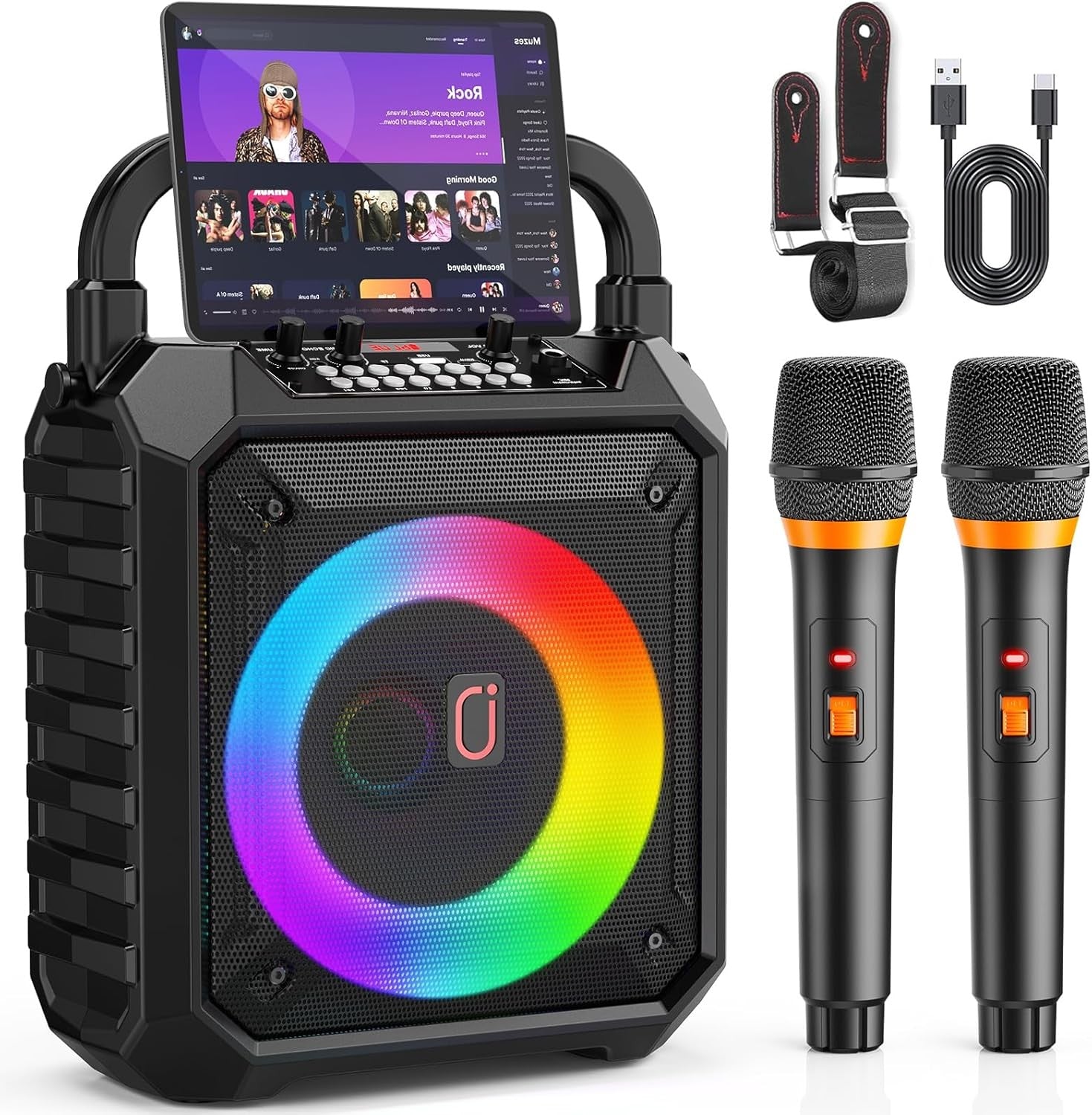Karaoke Machine with 2 Wireless Mics Bluetooth DJ Lights Speaker