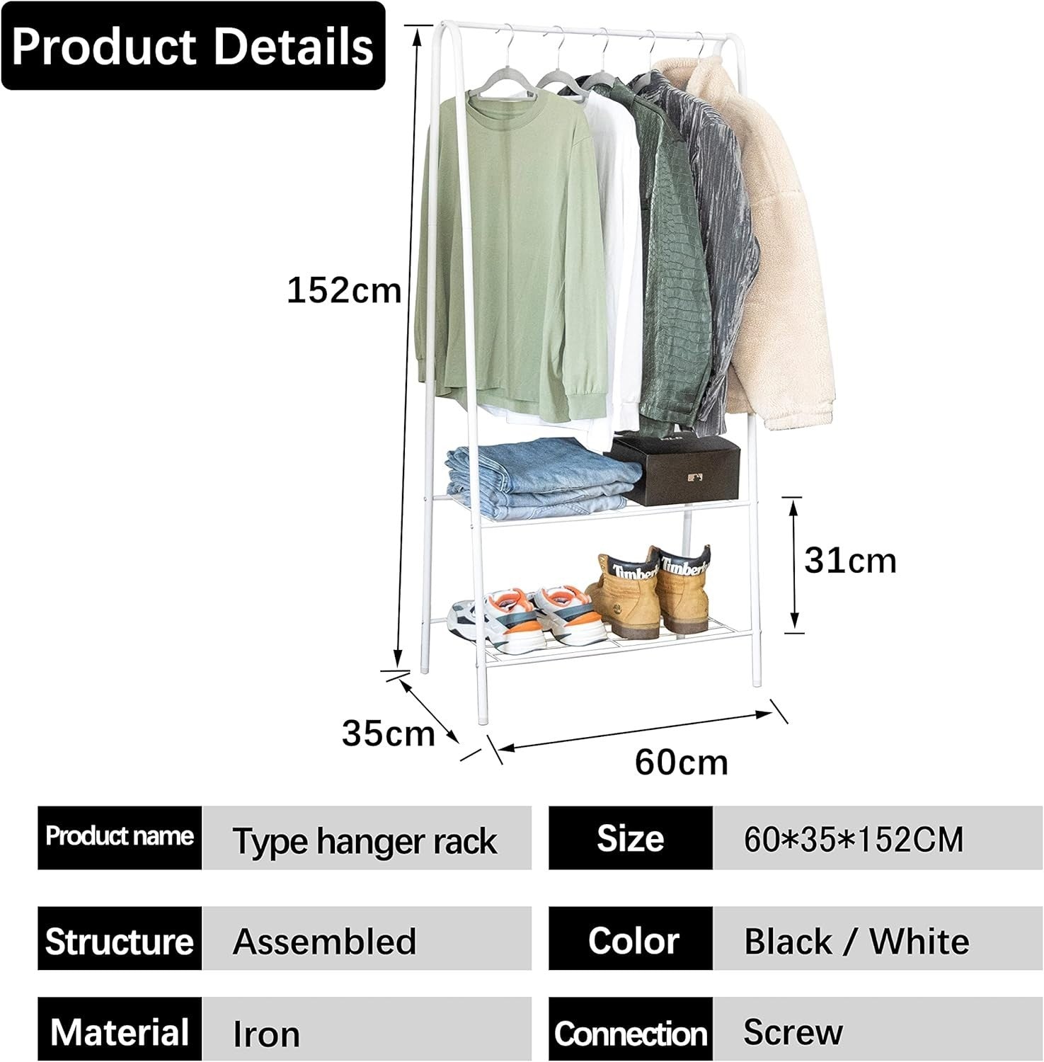 White Clothes Rail Stand with Metal Shelf 1.5m Space Saver