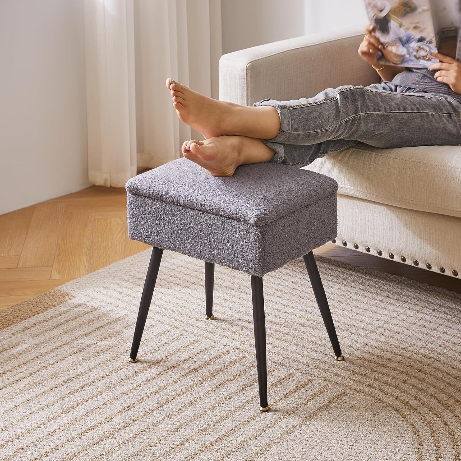 Grey Teddy Fur Vanity Stool with Storage – Soft Ottoman Chair for Bedroom