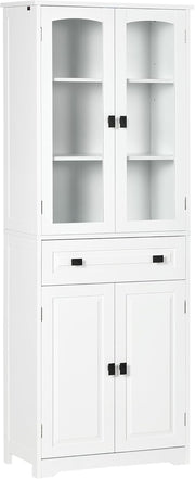 Tall White Kitchen Storage Cabinet Cupboard with Drawer & Glass Doors 160cm