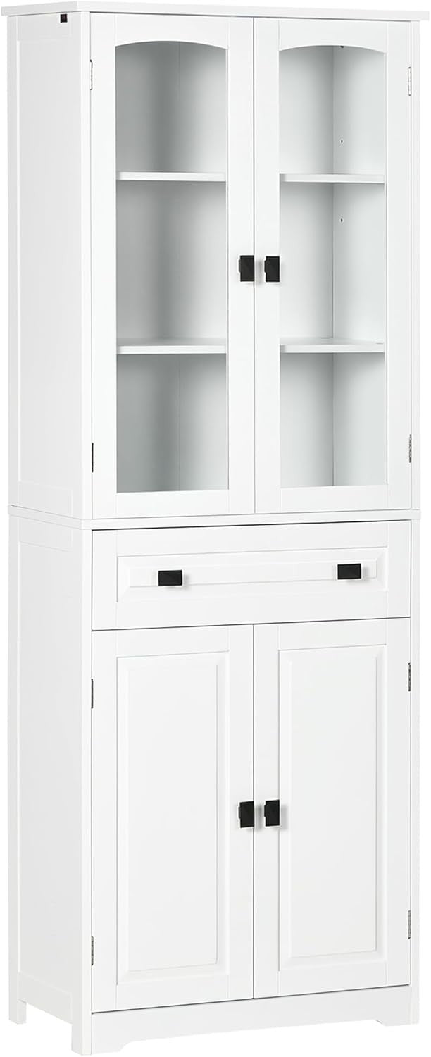Tall White Kitchen Storage Cabinet Cupboard with Drawer & Glass Doors 160cm