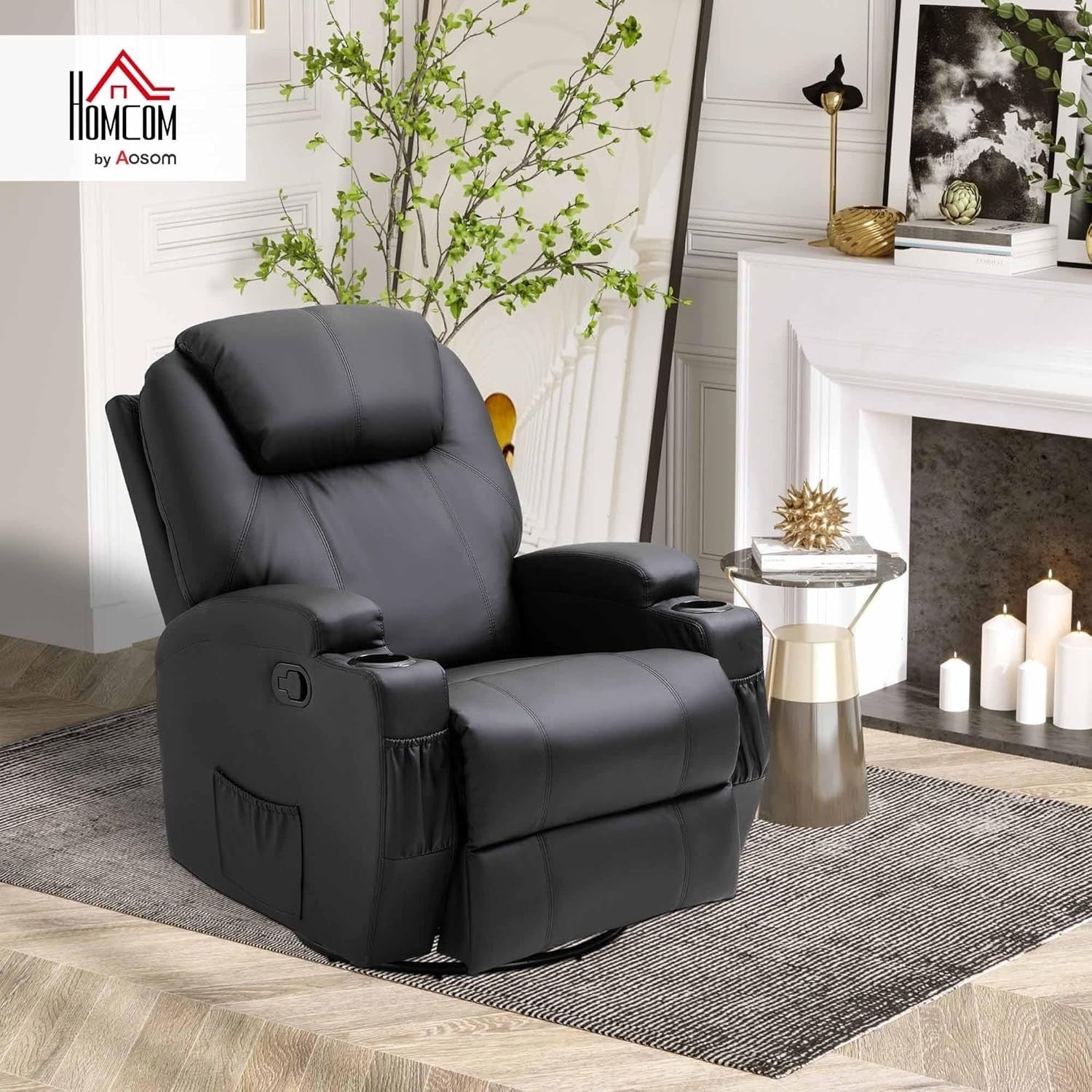 Massage Recliner Rocker Chair 360° Swivel 165° Recline Footrest Black