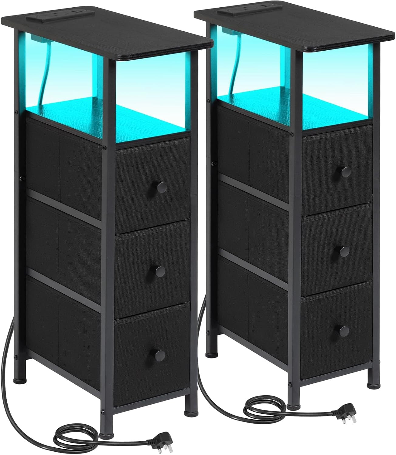 Slim LED Bedside Tables Set of 2 with USB Charging, 3 Drawers & Storage Shelf