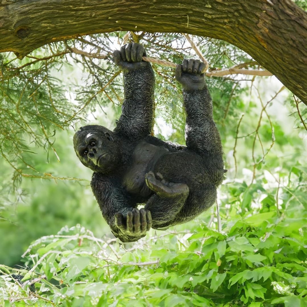 Hanging Gorilla Garden Ornament | Large Resin Outdoor Statue Tree Swing Decor