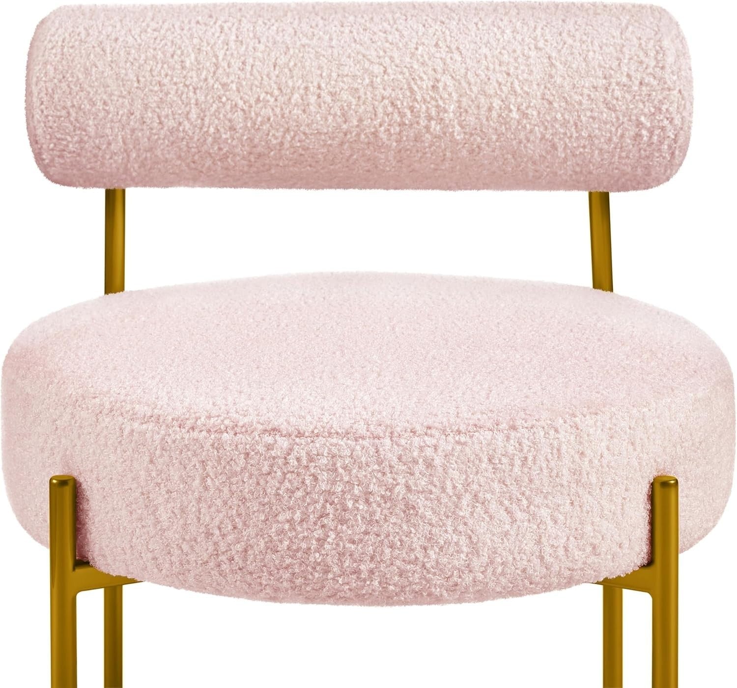 Pink Bouclé Tub Chair Cozy Sherpa Barrel Seat w/ Gold Legs for Bedroom & Vanity