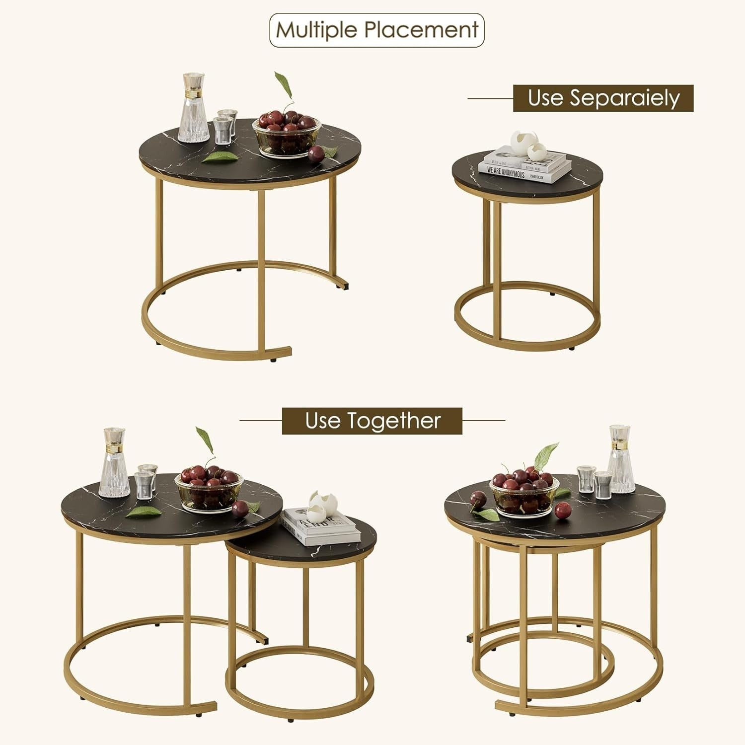 Round Nesting Coffee Tables Set of 2 Grey Top Black Frame, Space Black and Gold