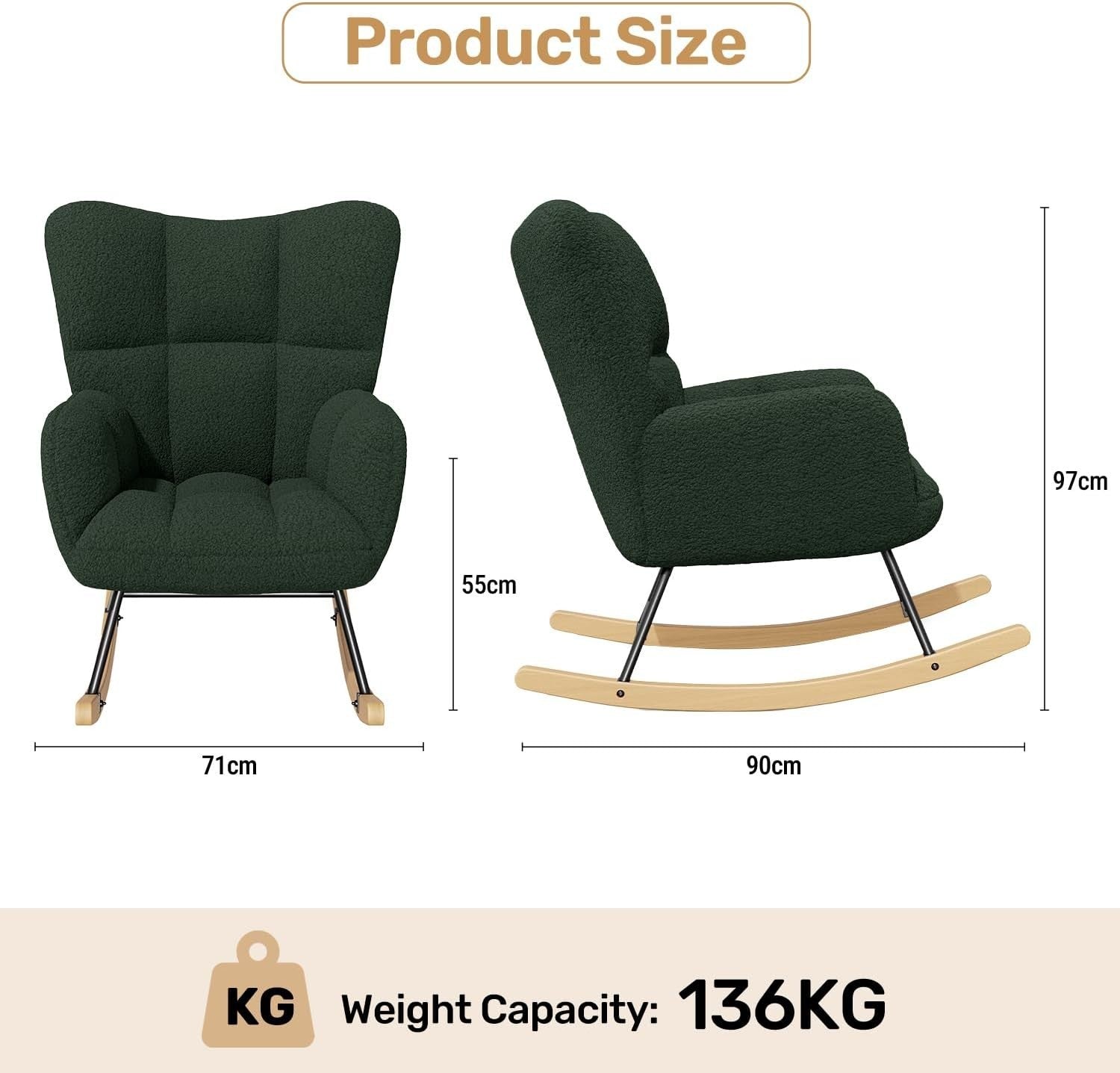 Green Lambswool Rocking Chair with High Back & Armrest - Comfy Nursery Seat
