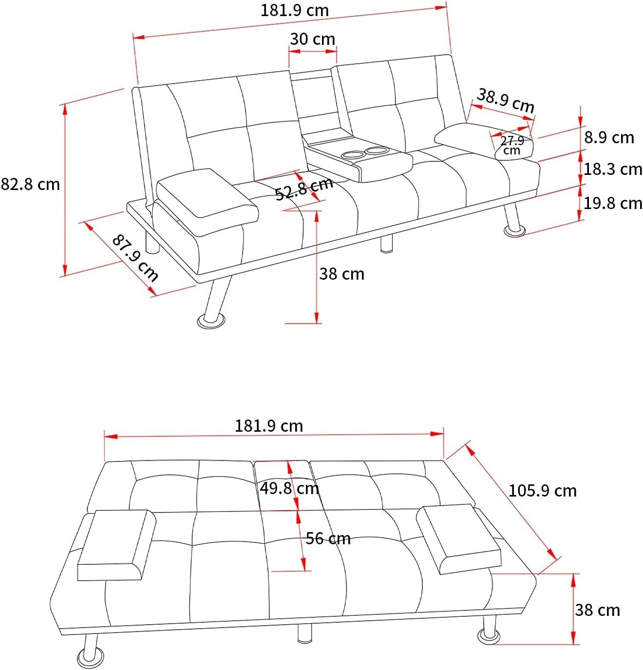 Black Leather 2 Seater Sofa Bed with Cup Holders & Storage, Compact
