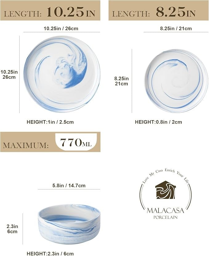18 Piece Marble Blue Porcelain Dinner Set Plates Bowls Service for 6