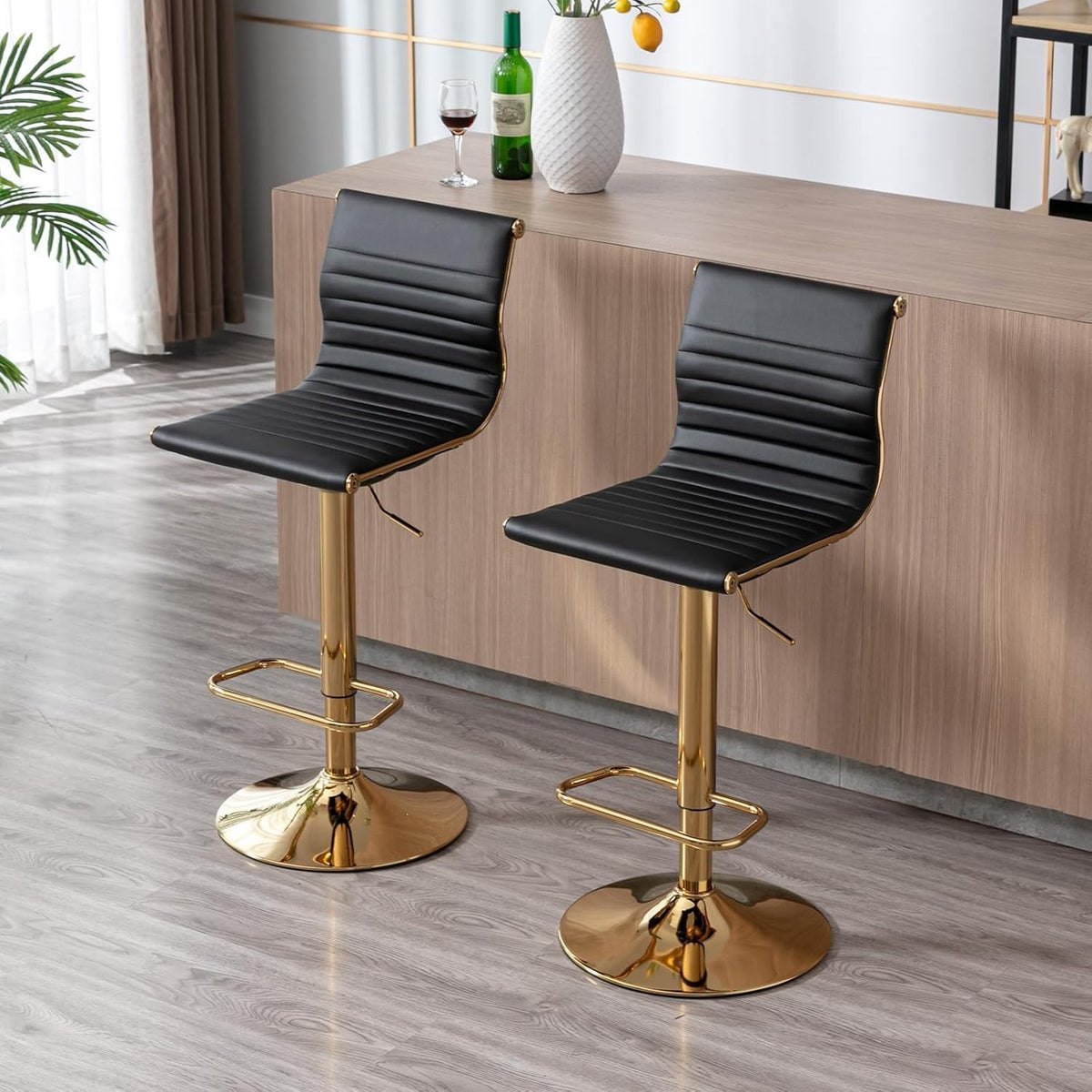 Adjustable Black PU Leather Bar Stools Set of 2 Swivel Kitchen Counter