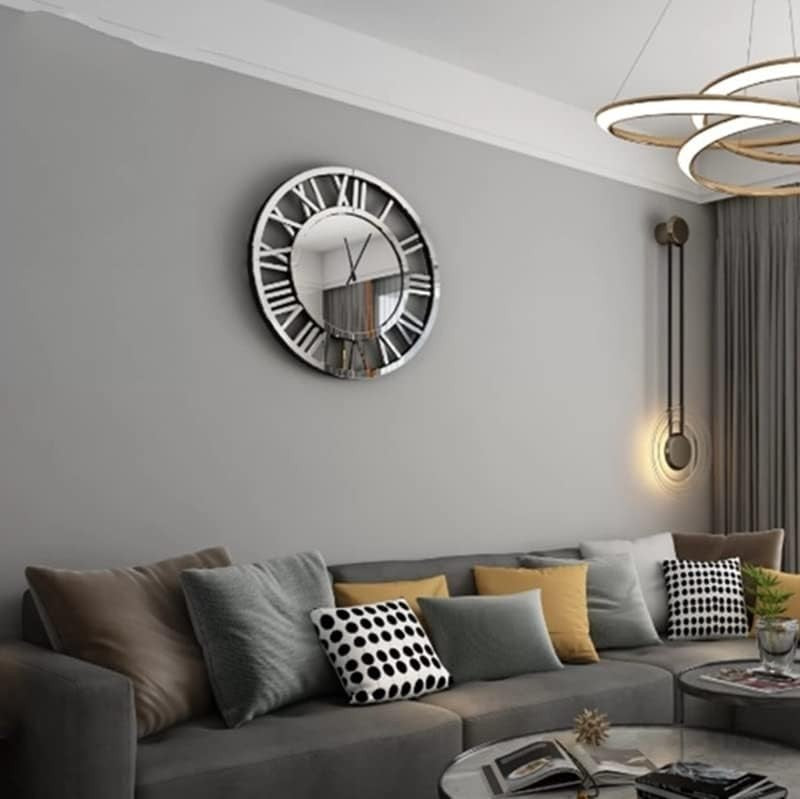 Large 80cm Silver Mirrored Wall Clock - Silent Roman Numerals, Modern Style
